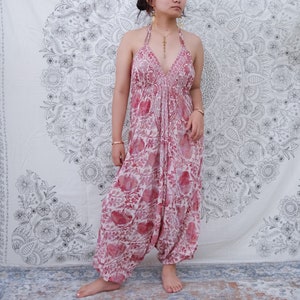 Silk Backless Jumpsuits, Bohemian Rompers, Boho Clothing, Summer Harem Halter Overalls, Beach Wear, Hippie Fashion, Upcycled Silk Jumpsuit