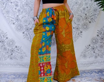 Kantha  Cotton Flowy Pants, Summer Palazzo Pants, Upcycled Trousers, Sustainable Fashion, Boho Style, 70s Pants, Vintage Wide Leg Pants,