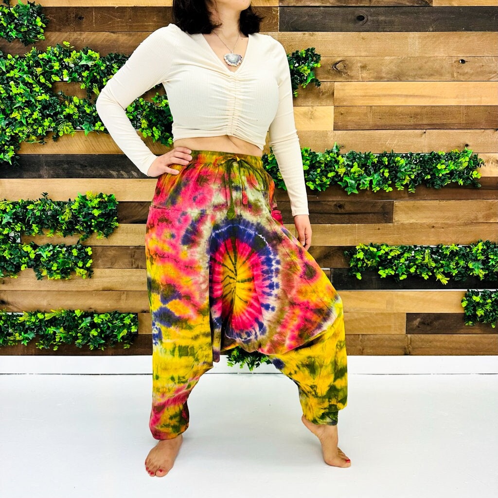 Tie Dye Pants, Harem Flowy Boho Festival Trousers, Hippie Pants