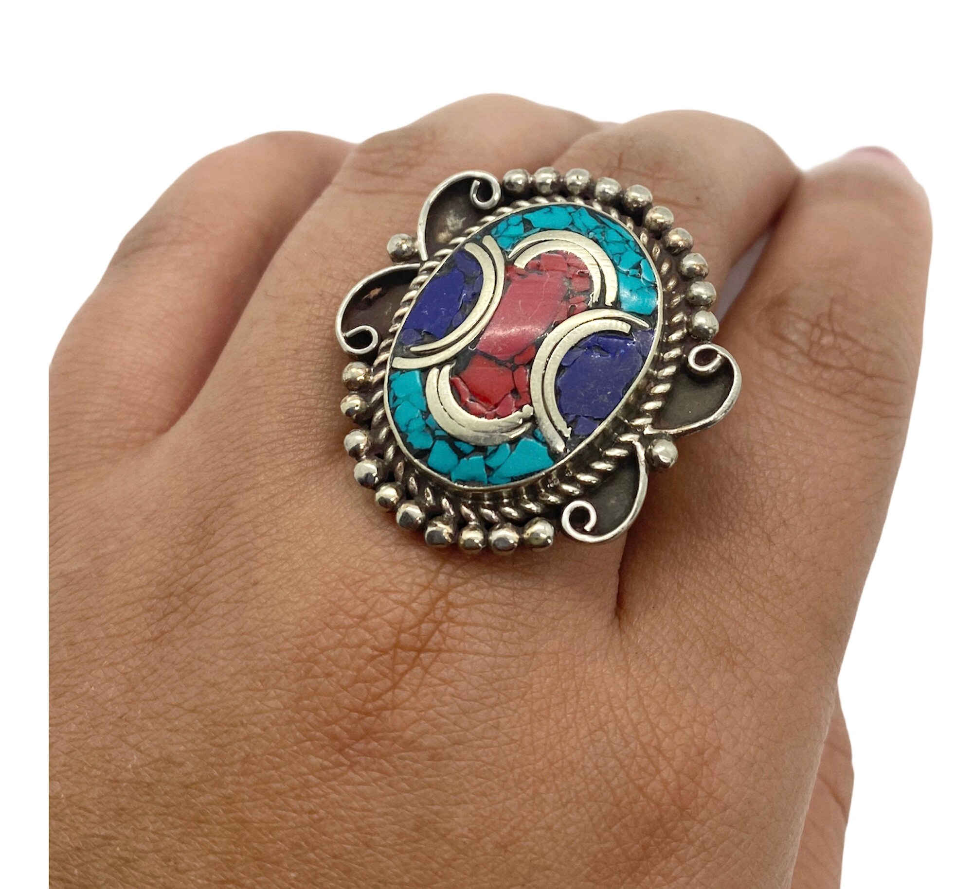 Bague Ajustable Lapis-lazuli Et Argent Tibétain - Style Bohème Ethnique Unisexe - Neuf Sans Emballage