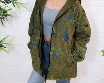 Men Women&#39;s Hippie Cotton Jacket with Hoodie,Zippered Fall Winter Jacket with Pockets,Handmade Unisex Gothic Boho Zipped Hoodie,Whimsy Goth