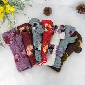 Handknit Crochet Flower Design Handwarmers/Fingerless Gloves with Fleece Lining, Mittens, Wool Handwarmers, Wrist warmers, Winter GLoves