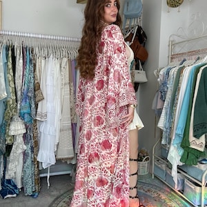 Silk Printed Long Kimono , Long Silk Robes for Women, Printed Paisley Kimono Robe, Flowy Kimono,Earthy Bell Sleeve , Bridesmaid, Beach Wear