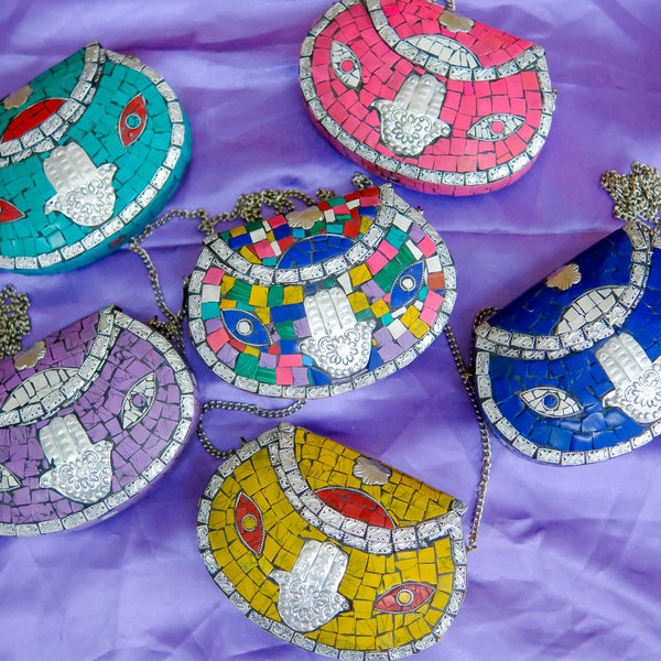 Handmade Boho Clutch Purse, Vintage Mosaic Bohemian Bag, Handmade Sling Bag, Antique Metal  Purse, Ethnic Style, Evil Eye Design Unique  Bag