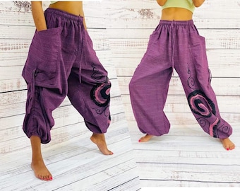 Pantalon unisexe en coton avec imprimés en spirale, sarouel, pantalon de yoga, vêtements hippie, pantalon aladdin, pantalon bohème, pantalon en coton bio