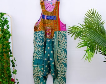 Kantha Harem Jumpsuit, Handmade Boho Dungarees, Bohemian Cotton Overalls, Handstitched One of a Kind Recycled Jumpsuit with Pockets, Vintage