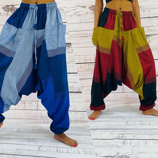 Unisex Organic Cotton Harem Pants, Yoga Trousers, Harem Summer Pant, Genie Gypsy Pants, Festival Trousers, Hippie Striped Pants,  Boho Pants