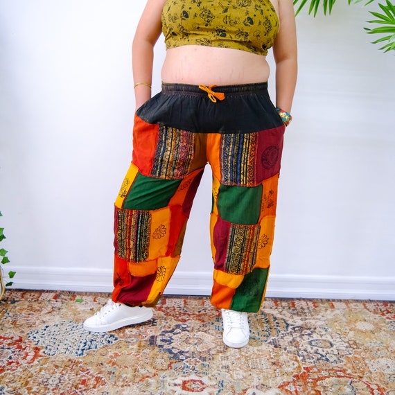 Cotton Patchwork Pant, Handmade Patch Cargo Trousers, Earth