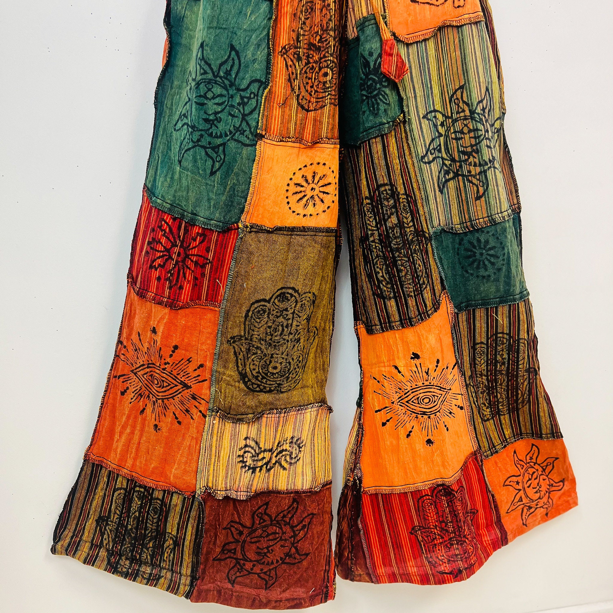Patchwork Palazzo Pant, Unisex Hippie Style Wide Leg