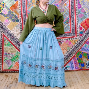 Flowy Tiered Pocket Cotton Summer Skirt, Hand Embroidery Flare Long Maxi Skirt, Boho Style, Batik Designs, Bohemian Earth Tone Color, Fairy Blue