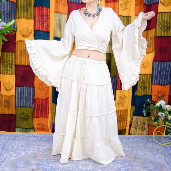 Cotton Tiered Flowy Skirt With Ruffle Sleeve Top loose Skirt Set Summer Skirt Bohemian Two Piece Set Pleated Long Maxi Skirt 90s Outfit Etsy