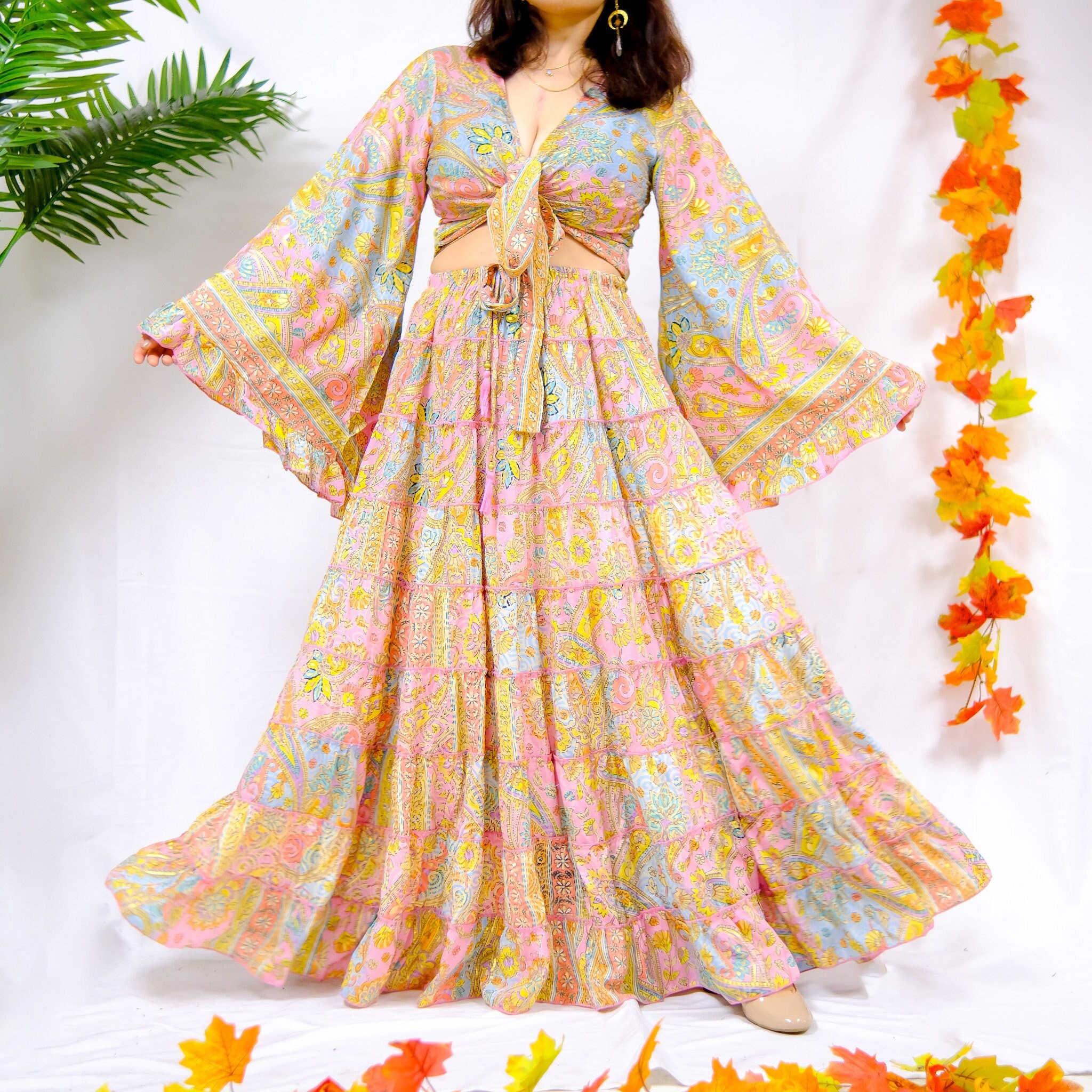 Silk Skirt Set With Ruffle Tie Top Boho Style Long Skirt Floral