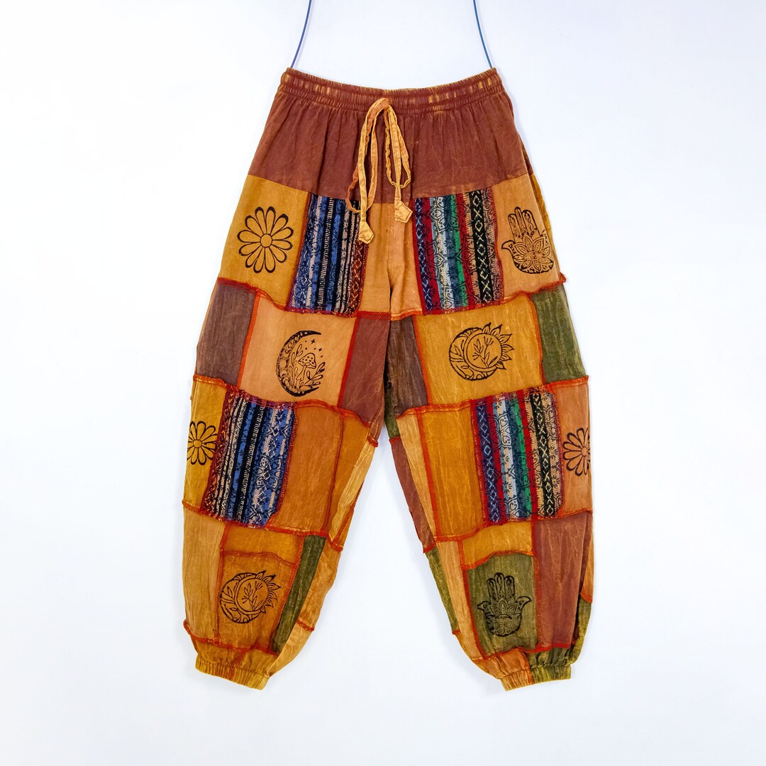 パンツ Embroidery Patchwork Trousers 38 Cotton Patchwork Pant, Handmade Patch Cargo Trousers, Earth