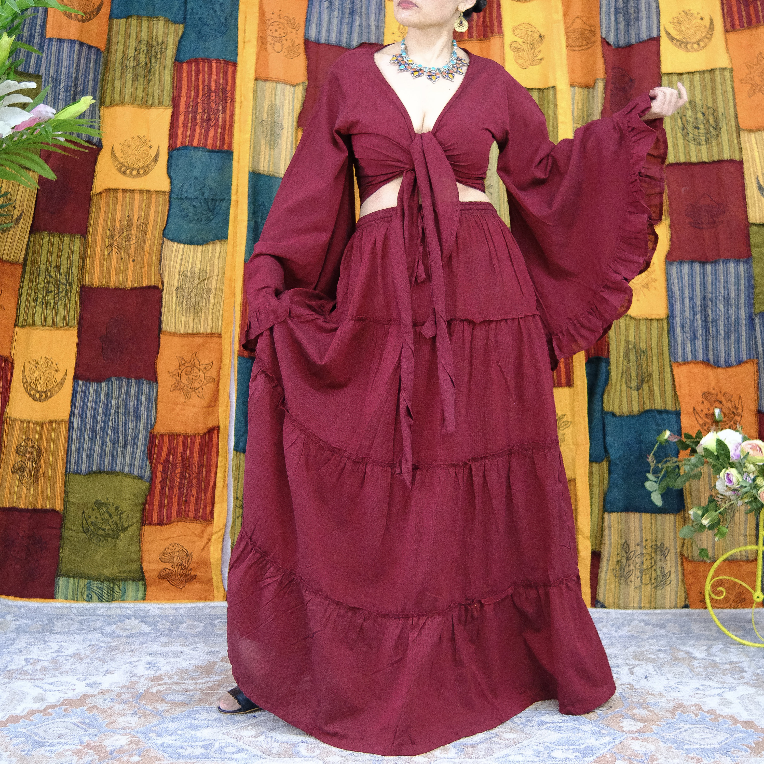 【BAON】Mandto Summer Frill Tiered Long Skirt Cotton Tiered Flowy Skirt With Ruffle Sleeve Top,loose Skirt