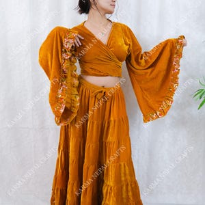 Velvet Wrap Top with Hand Embroidery, Three Way Tie Top, Plus Size, Crop Top Flare Sleeve Blouse, Bohemian Style,Ruffle, Hippie,70s 60s Vibe