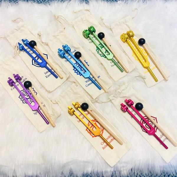7 Chakra Set Tuning Fork with Individual Chakra Sign Bags, Weighted Tuning Forks, Sound Healing Meditation, Handmade Colorful Tuning Forks