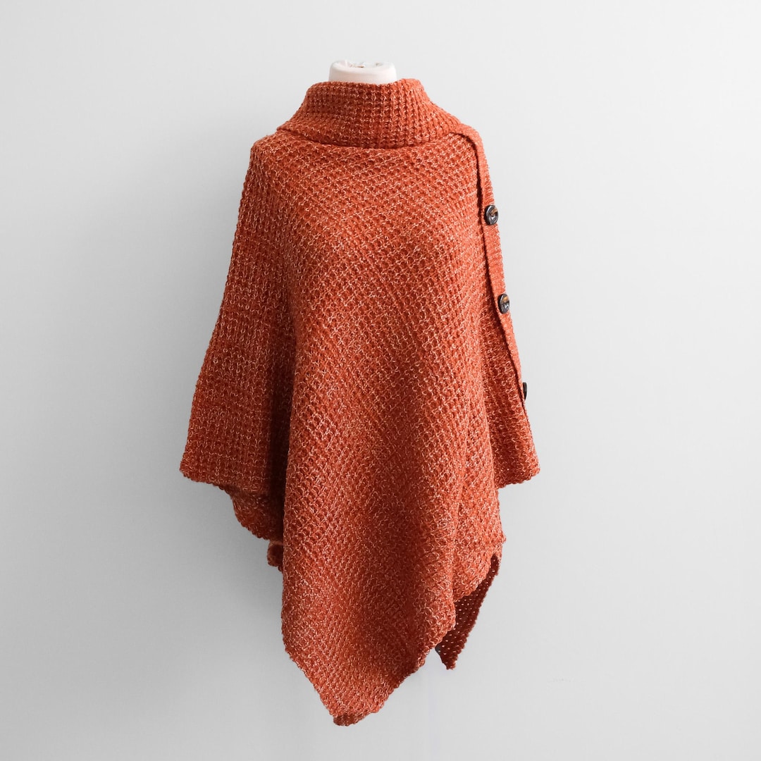 Knitted Turtle Neck Side Button Two Way Winter Poncho, Fall