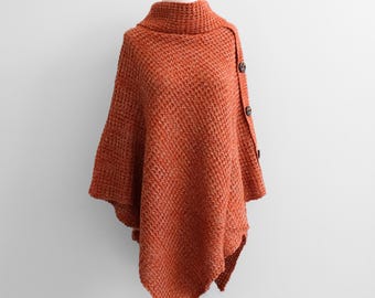 Knitted Turtle Neck Side Button Two Way Winter Poncho, Fall