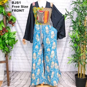 Boho Kantha Wide  Leg Jumpsuit, Cotton Flowy Dungarees, Bohemian Overalls, Hippie Bell Bottom Summer Rompers, Retro Free Spirit,Vintage Vibe