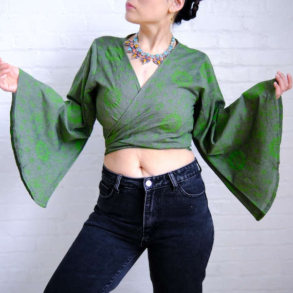Celestial Print Boho Bell Sleeve Top, Festival Wrap Crop Top