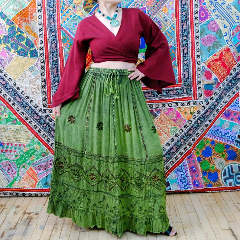 Flowy Tiered Pocket Cotton Summer Skirt, Hand Embroidery Flare Long Maxi Skirt, Boho Style, Batik Designs, Bohemian Earth Tone Color, Fairy Green