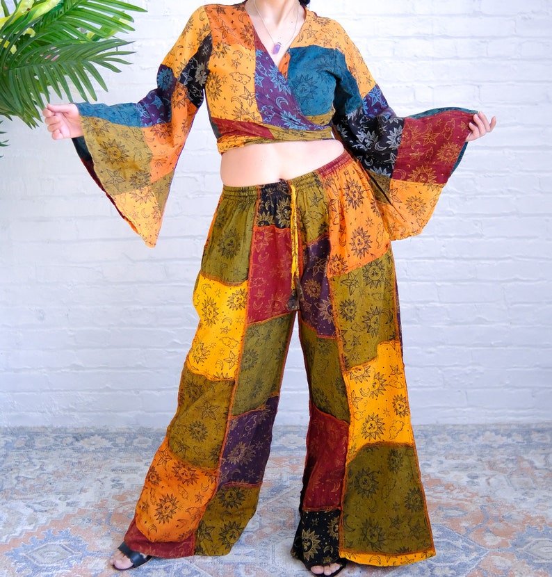 Patchwork Cotton Palazzo Pants, Wide Leg Colorful Festival Trouser, Bell Sleeve Crop Top & Pant Set, Unisex Hippie Style Summer Pant, Boho Orange (Celestial )