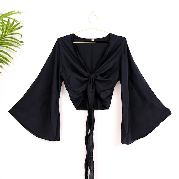 Flare Sleeve Tie Waist Cover Up - Black