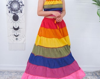 Gonna estiva fluida a strati, gonna lunga svasata con ricamo a mano, stile boho, disegni batik, colori terra boho, abito da fata, fantasia