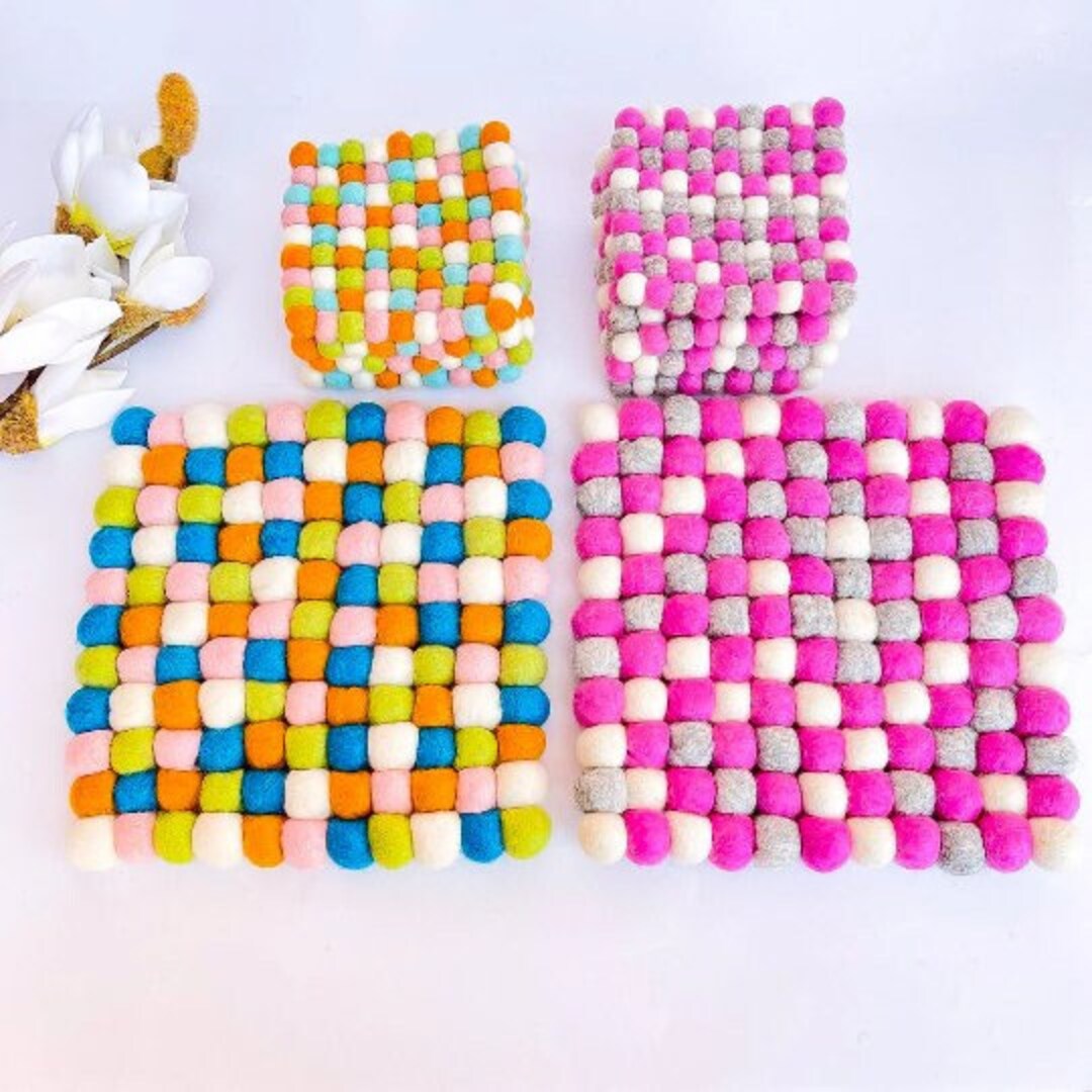 Handcrafted Felt Ball Square Trivet, Multicolor Wool Potholder, Holiday
