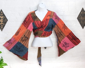 Patchwork Tie Top, Cotton Flowy Bell Sleeve Wrap Top, Handmade Boho Crop Top, 70s Style Top, Hippie Summer Top, Plus Size, Retro Style