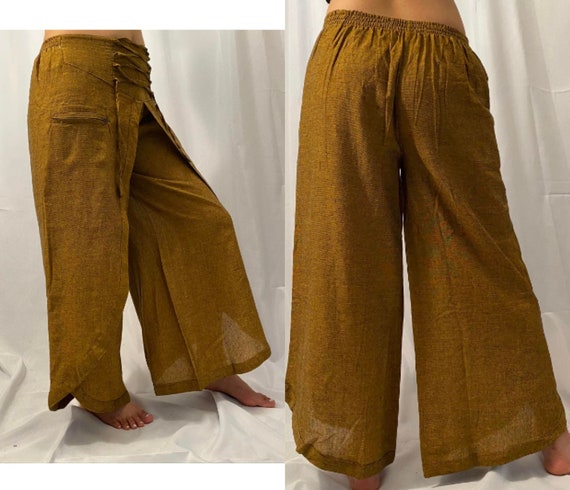Cream Straight Fit Cotton Pants with Embroidery at bottom