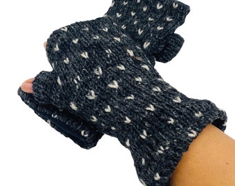 Crocheted Handwarmers with Fleece Lining, Wool Fingerless Gloves, Unisex Handwarmers, Black/ Grey Mittens, Winter Gloves, Warm Wristwarmers