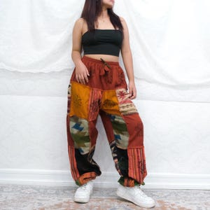 Patch Winter Joggers, Unisex Wool Blend Hippie Trousers, Block Print, Handmade Harem Yoga Pants, Plaid Baggy Pants, Boho, Mushroom Print