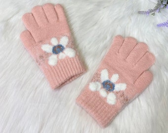 Fleece Lined Kids Winter Gloves, Handknit Kids Mitten, Soft