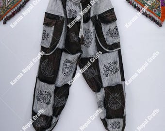 Patchwork Cotton Harem Pants, Gothic Patch Unisex Jogger Pants, Plus Size Inclusive Handmade Black/Gray Hippie Trousers, Boho Style, Hippie