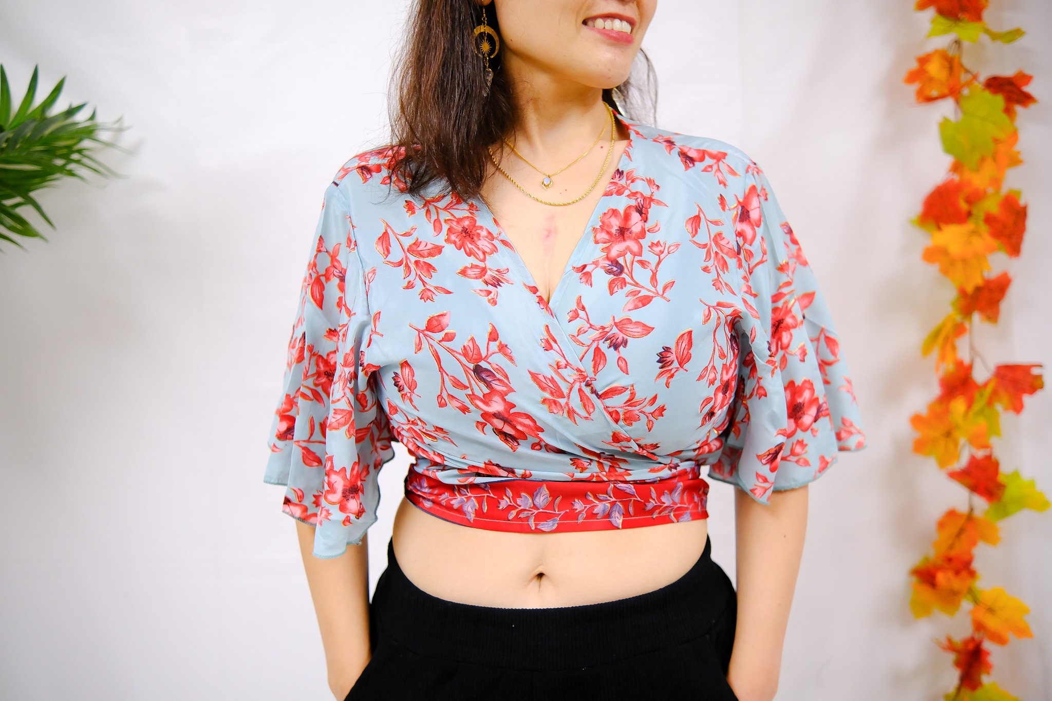 Short Sleeves Wrap Top, Flare Sleeve Tie Top, Plus Size Inclusive