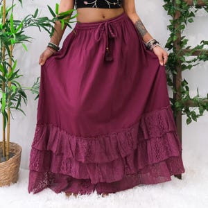 Boho Rock aus Spitze für Frauen, Baumwollrock mit Spitzensaum, Fairy Cottagecore Festival Hippie Rock, Boho Lagenlook Rüschenrock