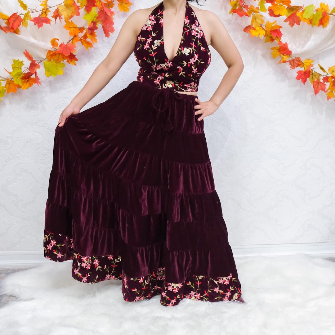 Flowy Velvet Skirt With Hand Embroidery Halter Top,bohemian Long Hippie ...