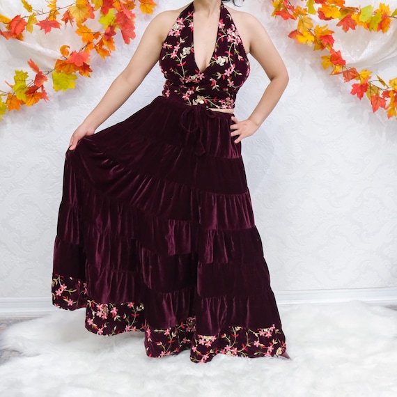 Flowy Velvet Skirt With Hand Embroidery Halter Top bohemian Long Hippie Maxi Skirt Set Fairy Outfit fall Winter Style 90s Prairie Skirt Etsy UK