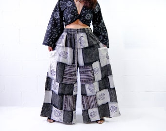 Patchwork Palazzo Wide Leg Pants, Earth Tones  Boho Festival Trousers, 90s  Hippie Pants, Whimsigoth Styles, Cotton Plus Size Trousers, Yoga