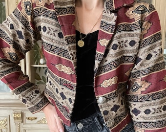 Brocade crop sangria blazer