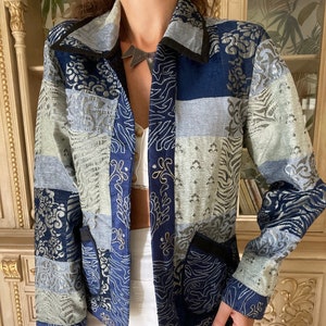Blue brocade patchwork blazer with pockets