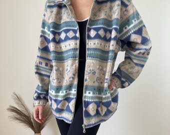 Vintage Fleece Jacke Geometrische Muster Full-Zip Retro Winter Unisex Gemütlich Oversized