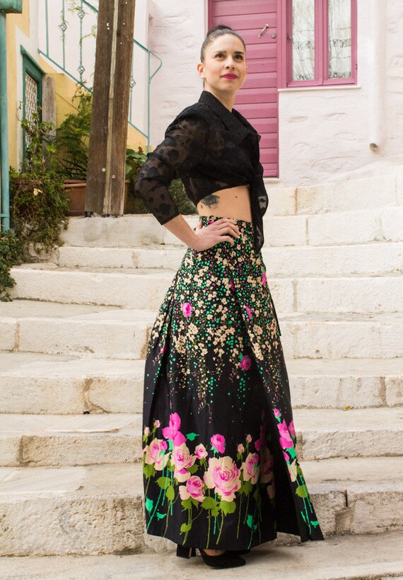 Vintage Pink Flower Tied Japanese Maxi Skirt