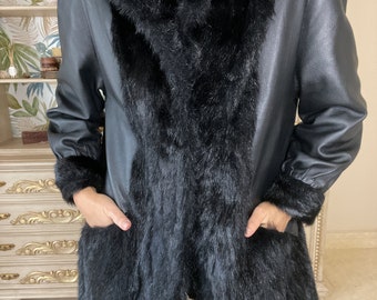 Vintage real leather and fur black coat