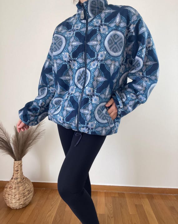 Vintage Reversible Fleece Jacket Blue Pattern Dou… - image 1