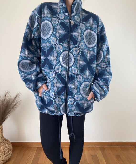 Vintage Reversible Fleece Jacket Blue Pattern Dou… - image 3