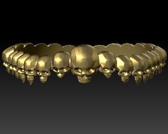 May include: A gold ring with a row of small skull designs.