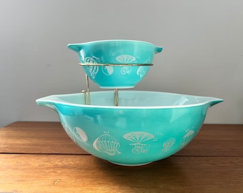 Pyrex Turquoise Blue Chip and Dip Bowls Hot Air Balloon 441 444 with Original Bracket HTF Rare