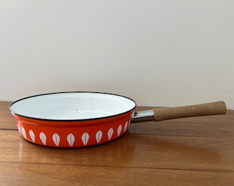 Cathrineholm 10.5" Orange Lotus Enamel Skillet with Wood Handle Norway MCM